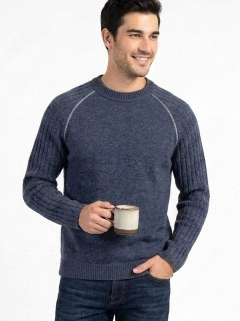 Men's Med Navy Blue Crewneck Sweater Classic Rib Sleeve Detail 80% Lamb Wool 337